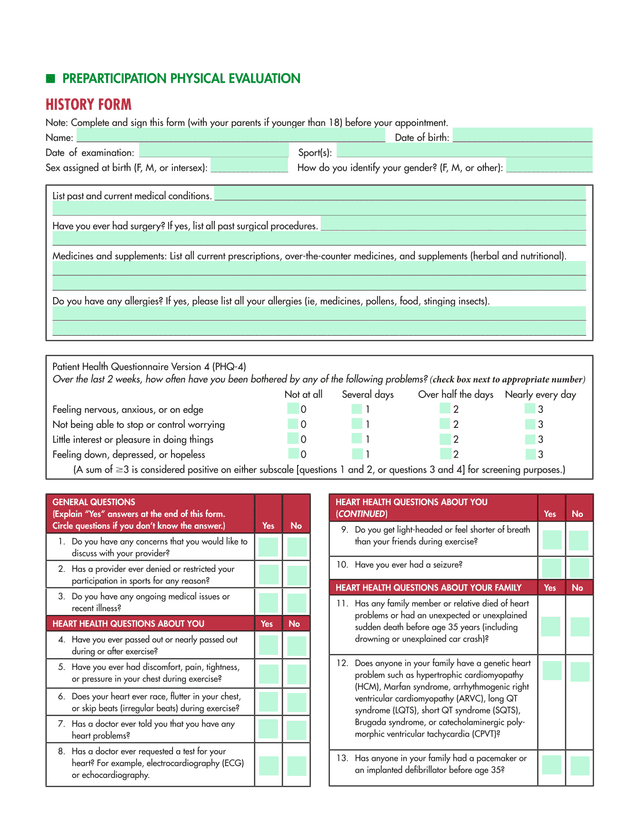 PREPARTICIPATION PHYSICAL EVALUATION HISTORY FORM screenshot