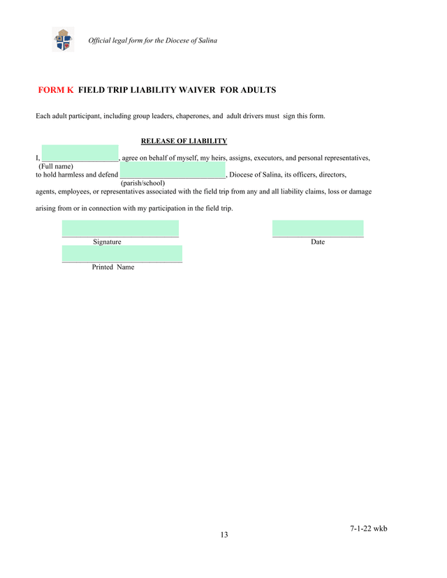 FORM K   FIELD TRIP LIABILITY WAIVER FOR ADULTS screenshot