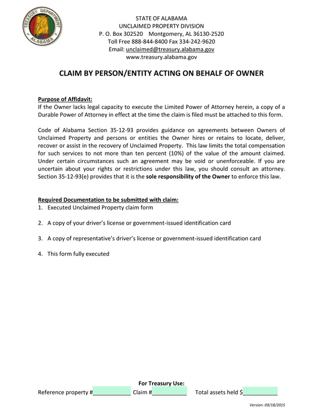 Alabama Unclaimed Property  Affidavit Of Limited Power Of Attorney screenshot