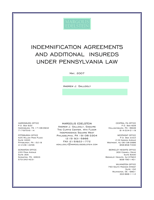Indemnification Agreements And Additional Insureds Under Pennsylvania Law screenshot