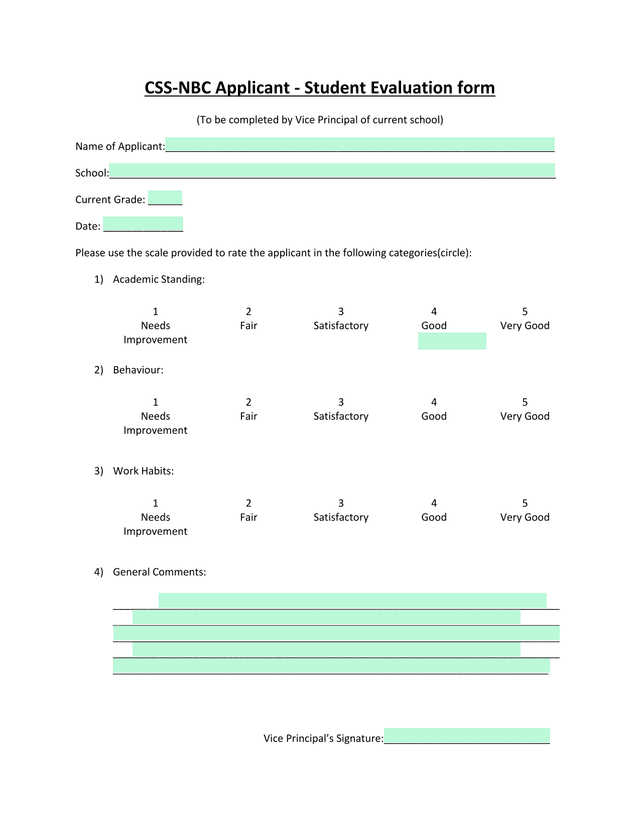 CSS NBC Applicant   Student Evaluation Form screenshot