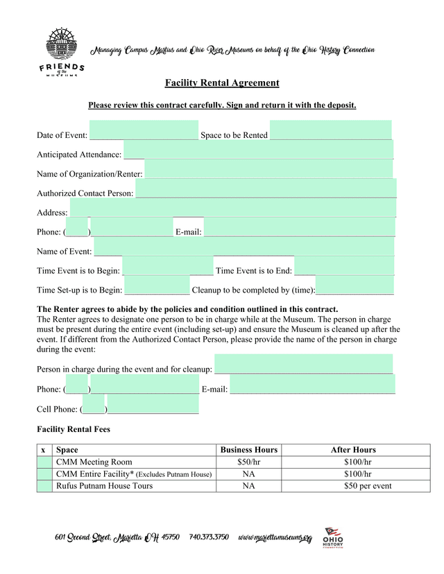 Facility Rental Agreement screenshot