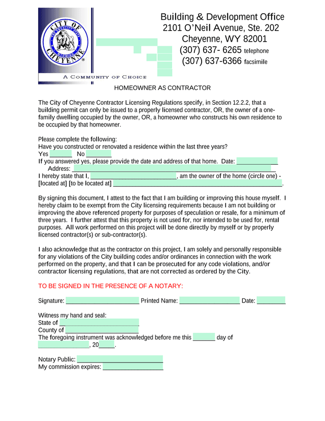 Homeowner As Contractor Form screenshot
