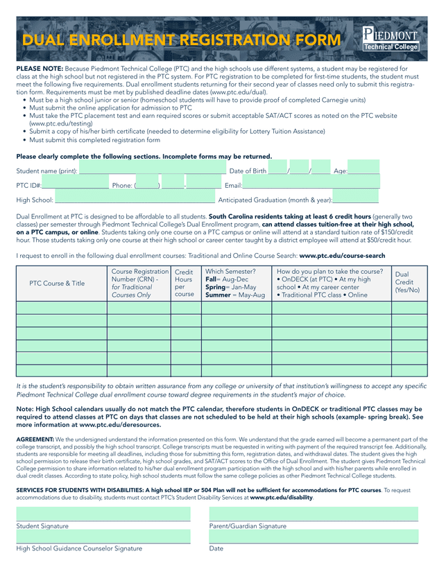 Dual Enrollment Registration Form screenshot
