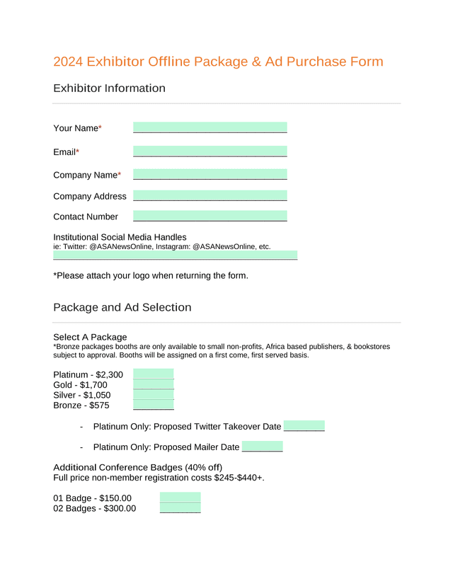2024 Exhibitor Offline Package  Ad Purchase Form screenshot