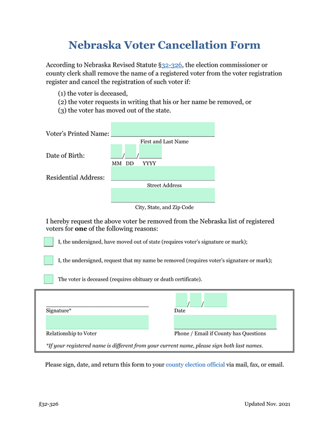 Nebraska Voter Cancellation Form screenshot