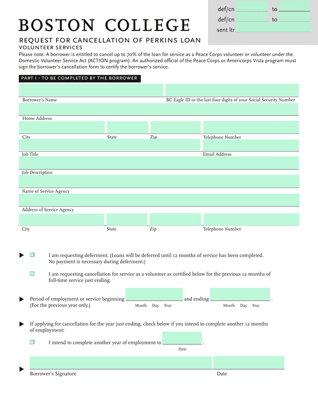 Request For Cancellation Of Perkins Loan Volunteer Services screenshot