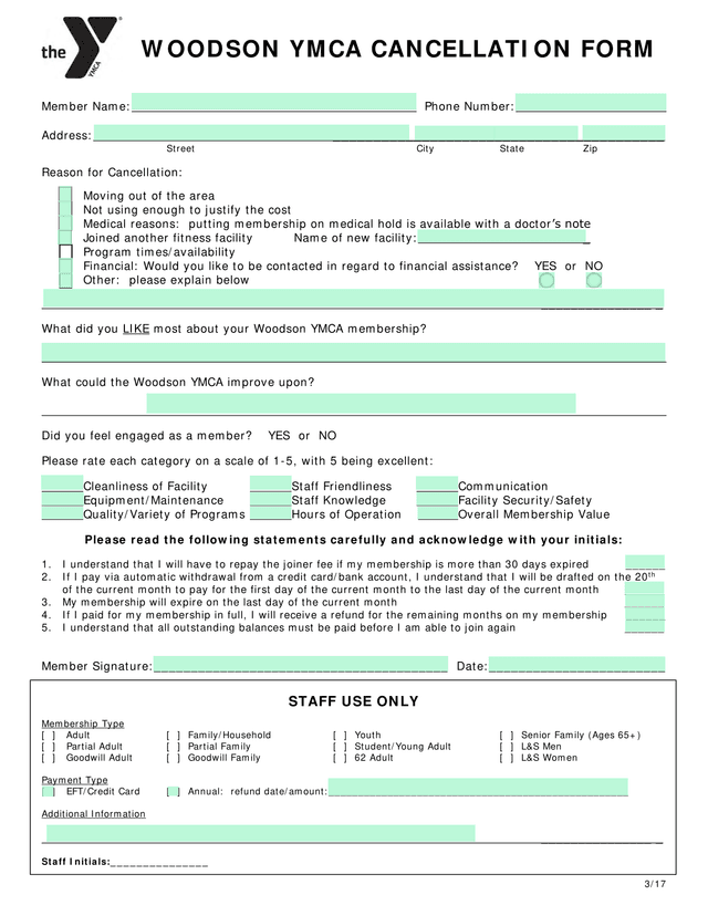 Woodson YMCA Cancellation Form screenshot