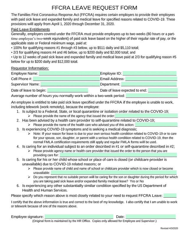 FFCRA Leave Request Form screenshot