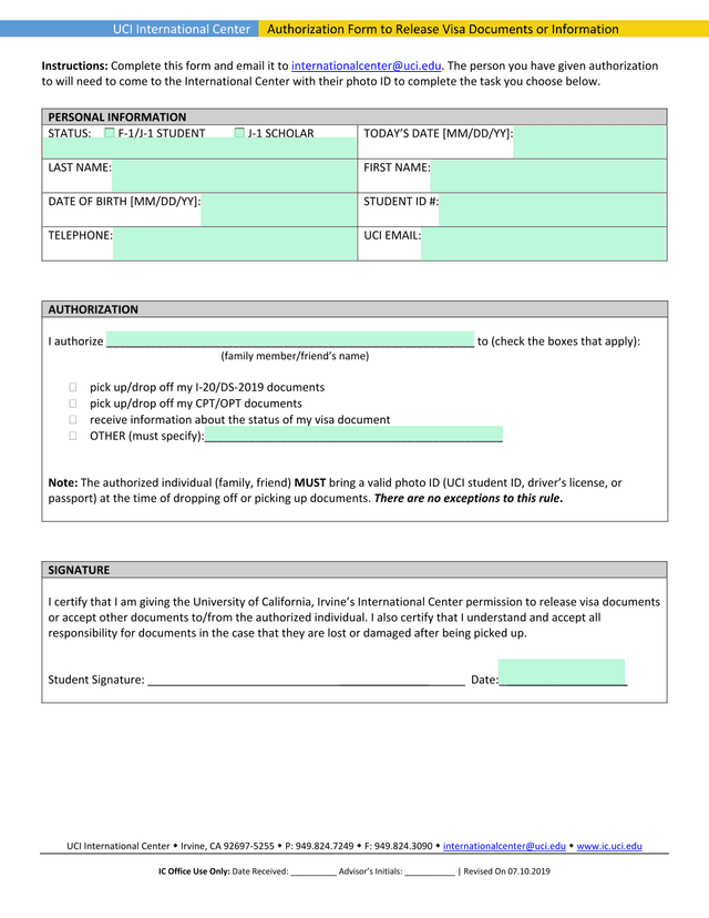 Authorization Form To Release Visa Documents Or Information screenshot