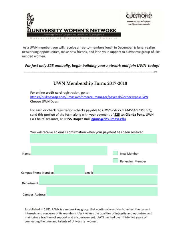 UWN Membership Form 2017 2018 screenshot