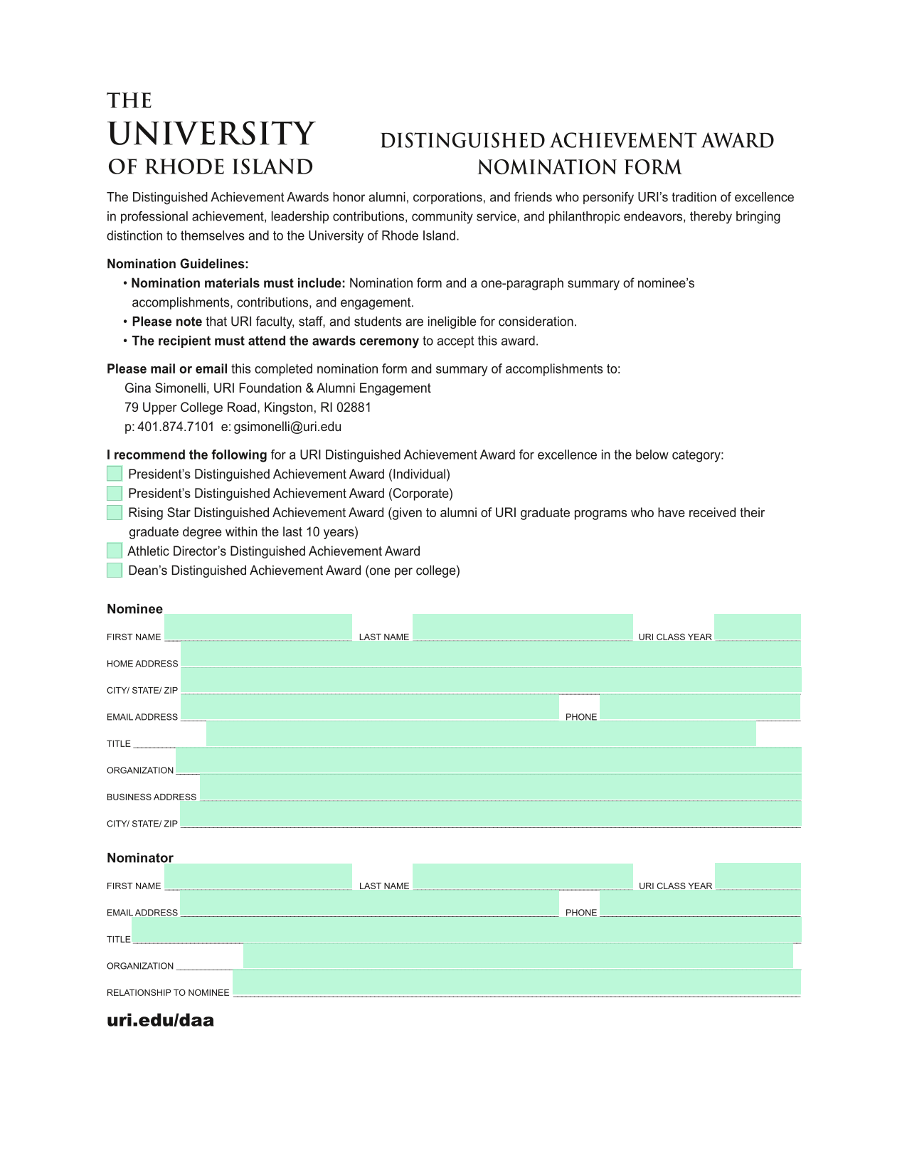 Distinguished Achievement Award Nomination Form screenshot