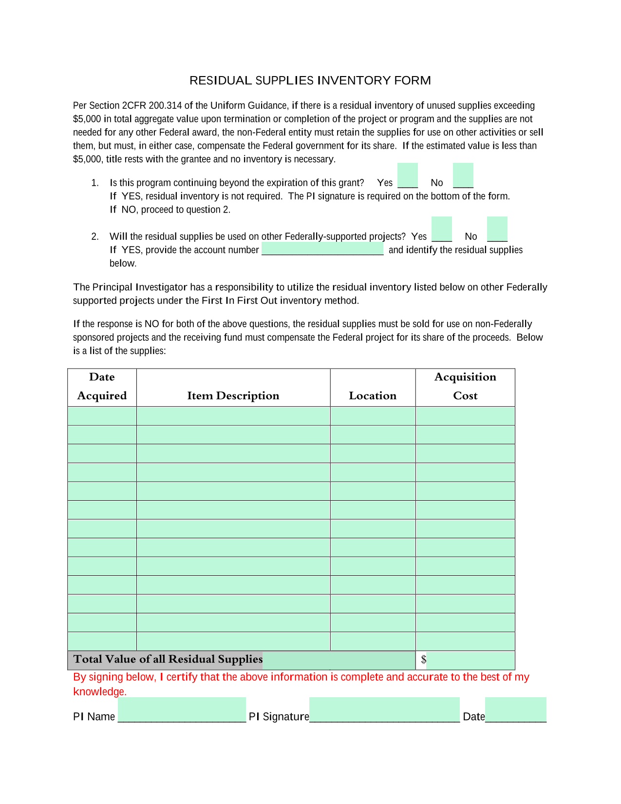 RESIDUAL SUPPLIES INVENTORY FORM screenshot