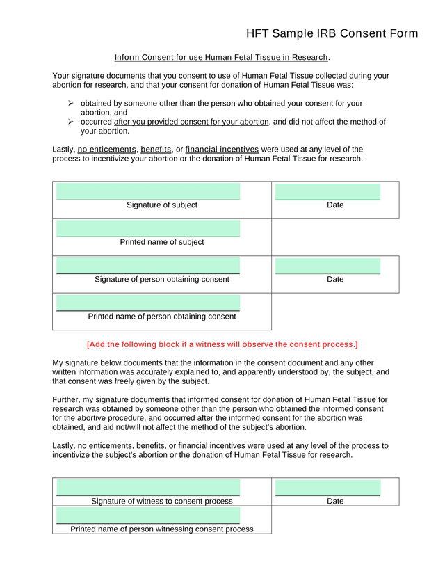 HFT Sample IRB Consent Form screenshot