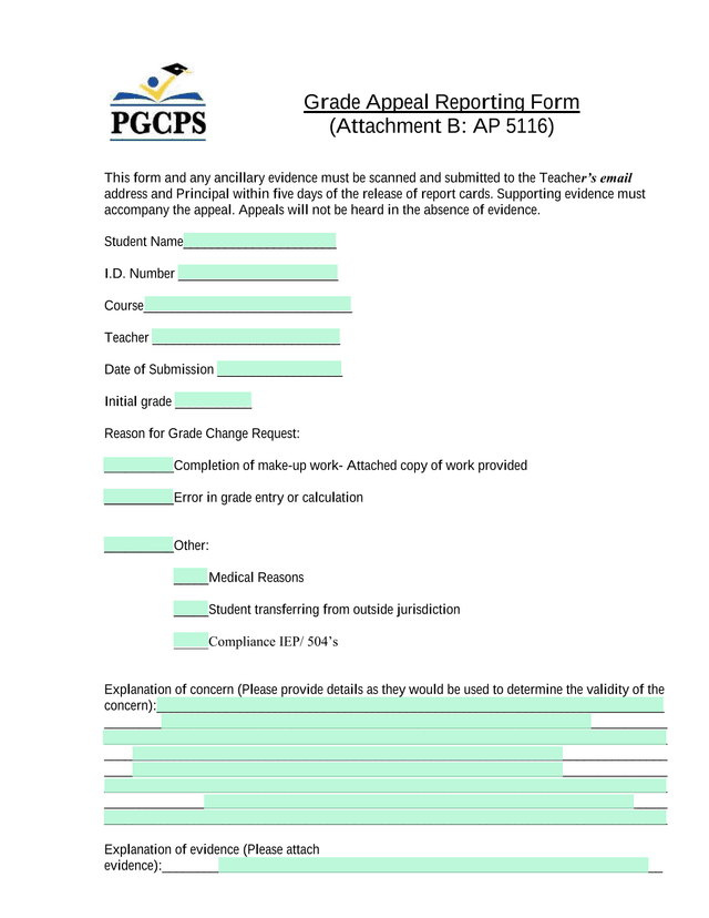 Grade Appeal Reporting Form screenshot