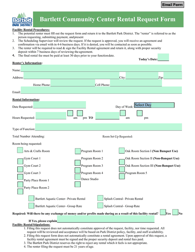 Bartlett Community Center Rental Request Form screenshot