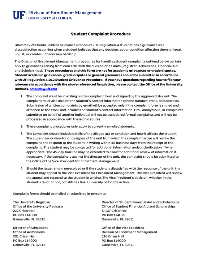 Student Complaint Procedure screenshot