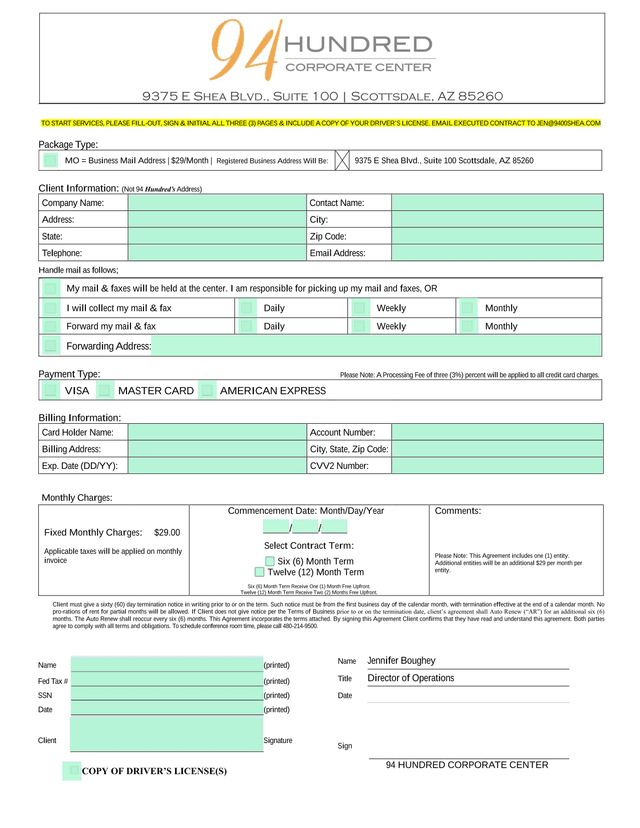 Business Mail Address Service Agreement screenshot