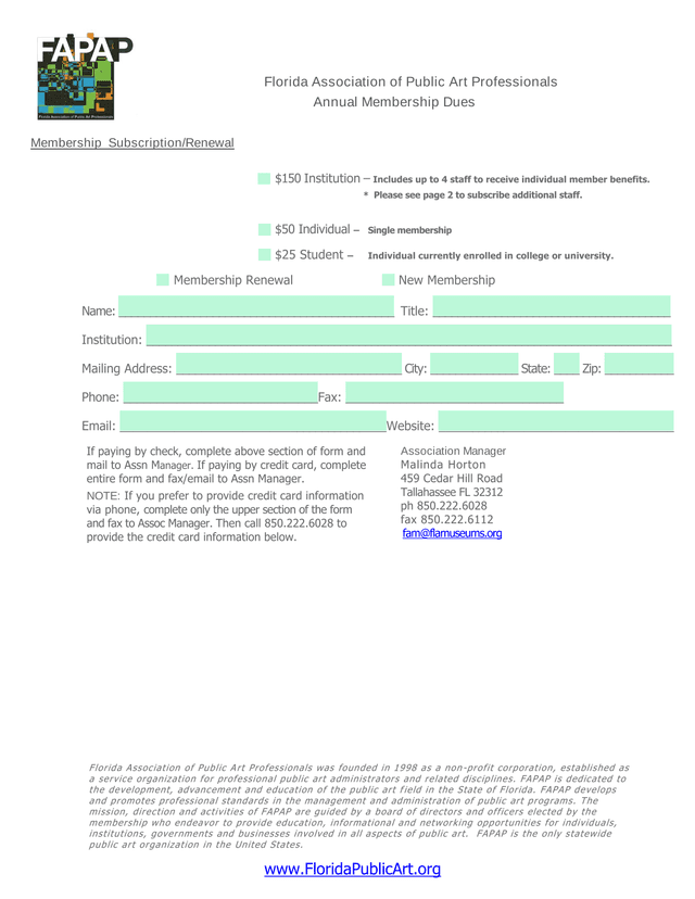 Florida Association Of Public Art Professionals Annual Membership Dues screenshot