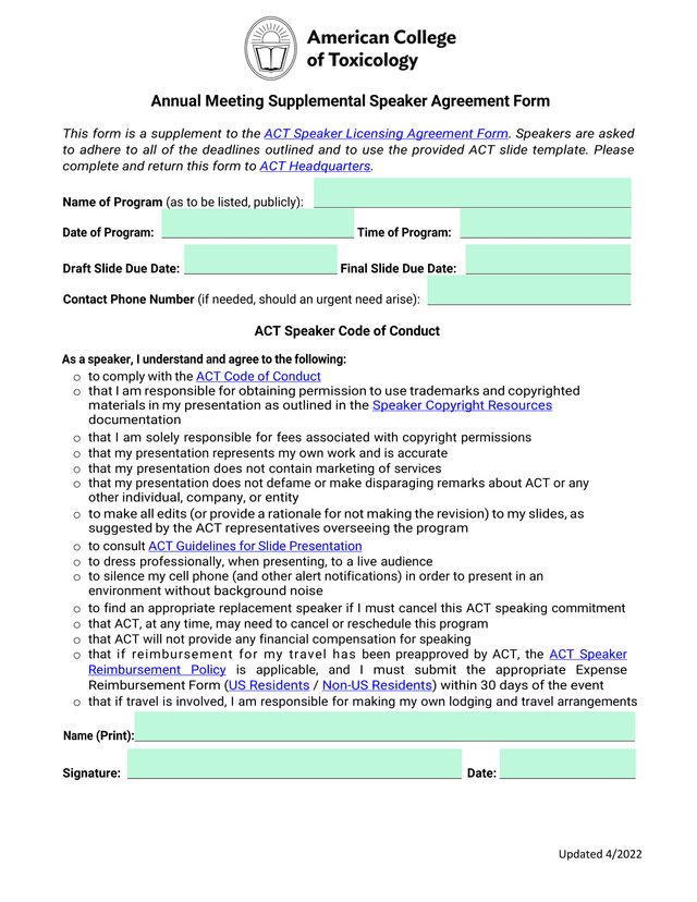 Annual Meeting Supplemental Speaker Agreement Form screenshot