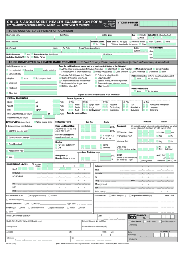 Immunization And Health Assessment Form screenshot