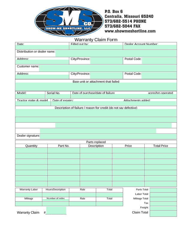 Warranty Claim Form screenshot
