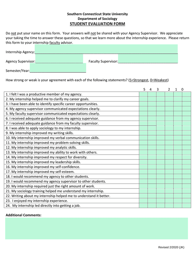 STUDENT EVALUATION FORM screenshot