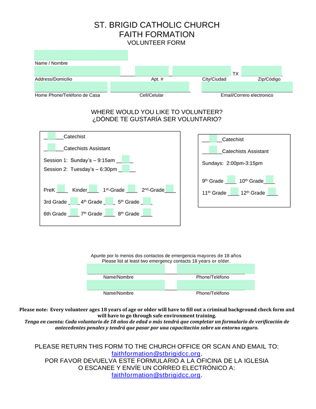 ST. BRIGID CATHOLIC CHURCH FAITH FORMATION VOLUNTEER FORM screenshot