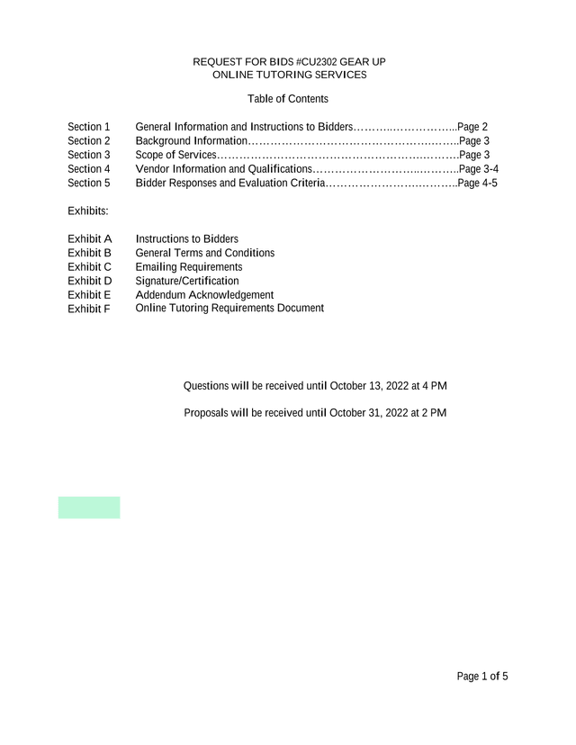REQUEST FOR BIDS CU2302 GEAR UP ONLINE TUTORING SERVICES screenshot