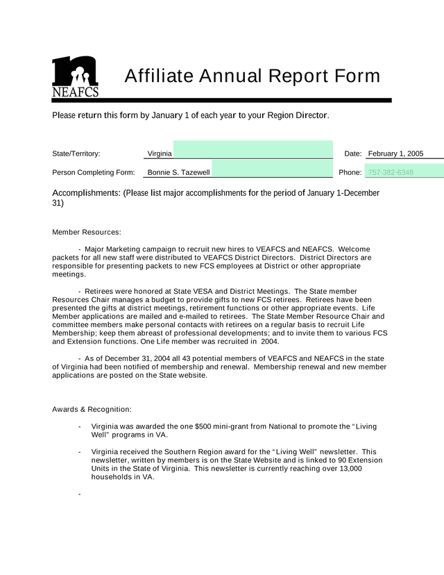 Affiliate Annual Report Form screenshot