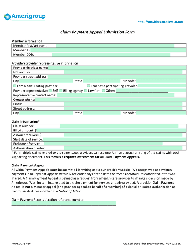 Claim Payment Appeal Submission Form screenshot