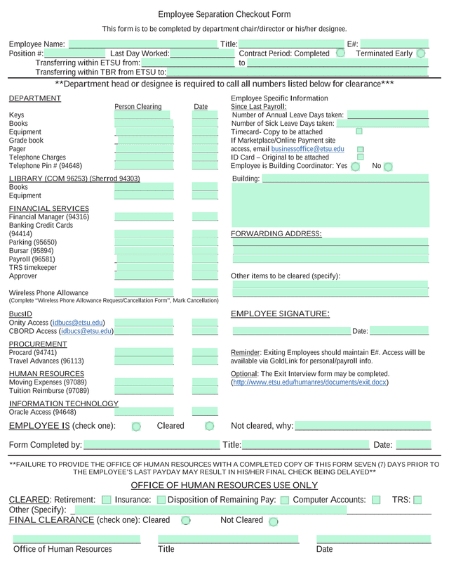 Employee Separation Checkout Form screenshot