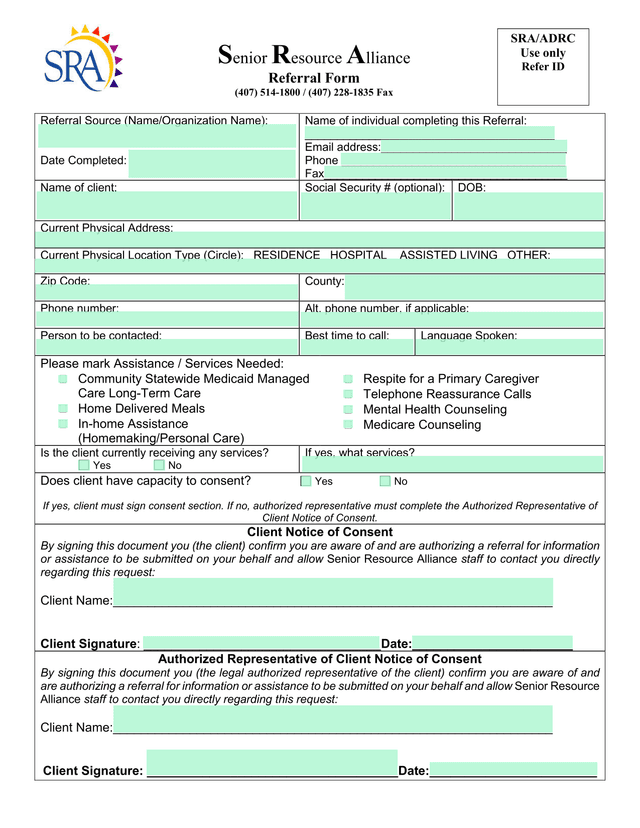 Senior Resource Alliance Referral Form screenshot