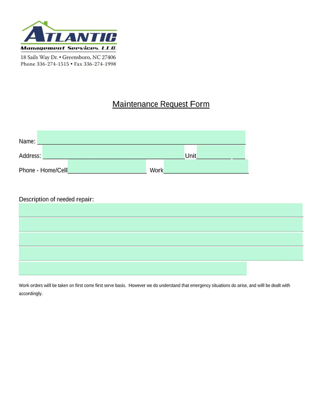 Maintenance Request Form screenshot