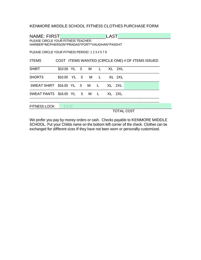 KENMORE MIDDLE SCHOOL FITNESS CLOTHES PURCHASE FORM screenshot