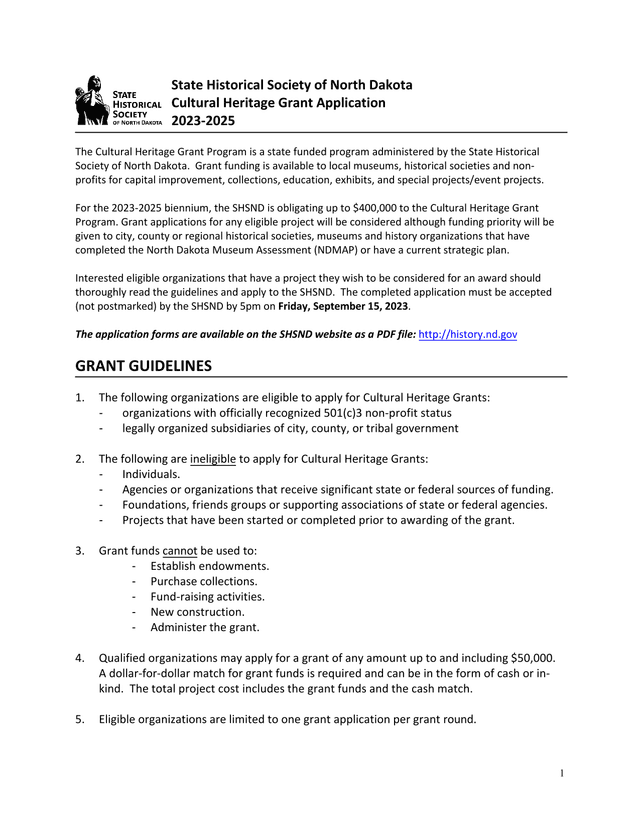 Cultural Heritage Grant Application screenshot