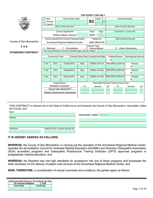 Arrowhead Regional Medical Center Standard Contract screenshot