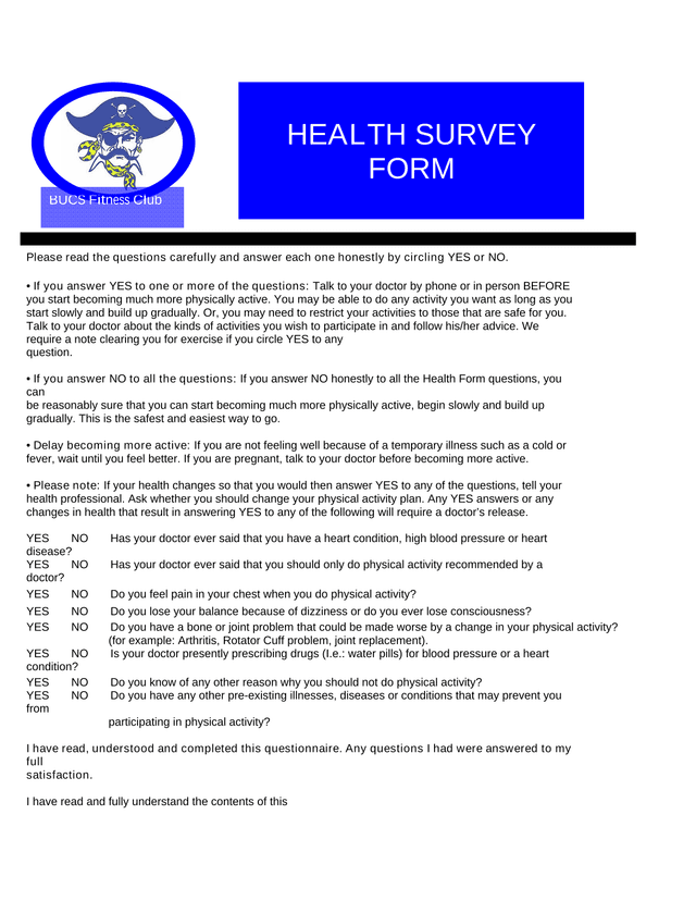 BUCS Fitness Club HEALTH SURVEY FORM screenshot