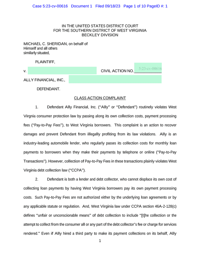 Class Action Complaint Sheridan V. Ally Financial, Inc. screenshot
