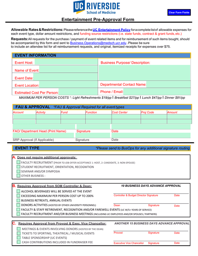 Entertainment Pre Approval Form screenshot