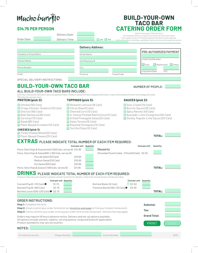 Build Your Own Taco Bar Order Form screenshot