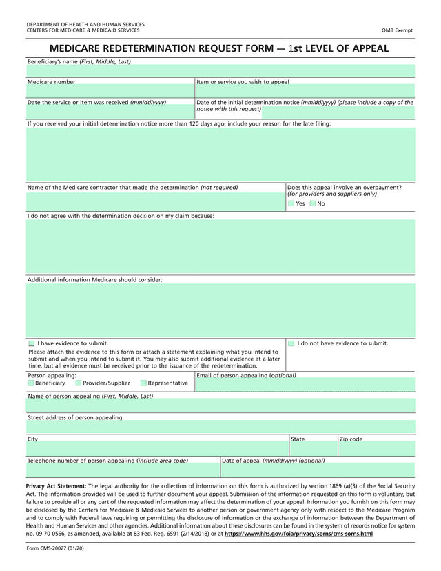 Medicare Redetermination Request Form  1st Level Of Appeal screenshot