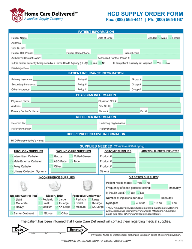 HCD Supply Order Form screenshot