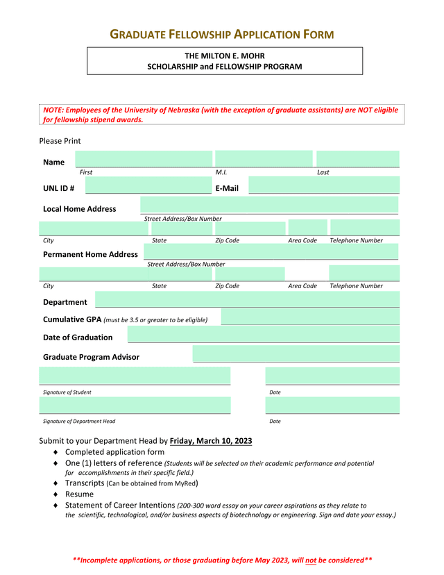 Graduate Fellowship Application Form screenshot