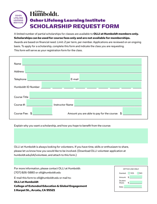 Osher Lifelong Learning Institute Scholarship Request Form screenshot