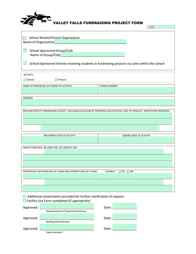 Valley Falls Fundraising Project Form screenshot