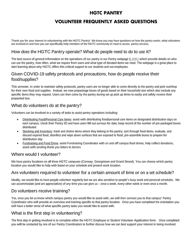 HGTC Pantry Volunteer Information Sheet screenshot