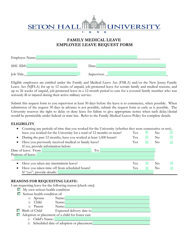 FAMILY MEDICAL LEAVE EMPLOYEE LEAVE REQUEST FORM screenshot