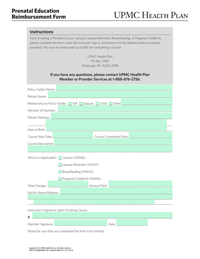 Prenatal Education Reimbursement Form screenshot