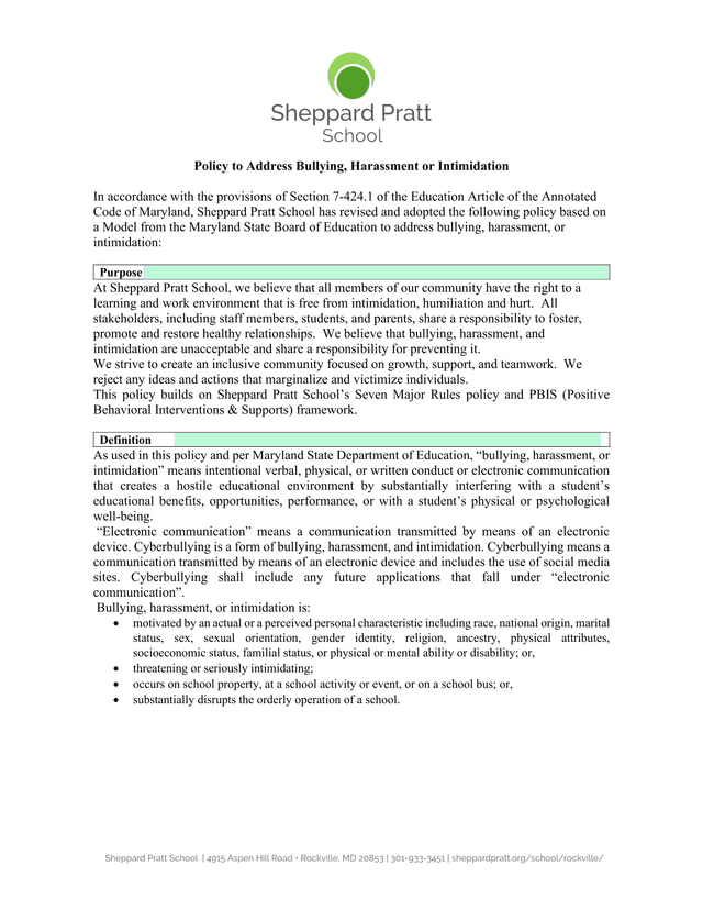 Policy To Address Bullying, Harassment Or Intimidation screenshot